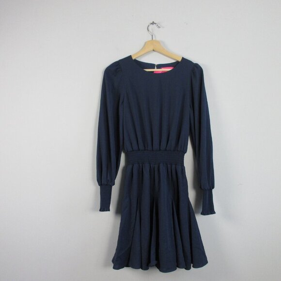 Lily Pulitzer Lorella Stretch Dress 4 Blue Fit & Flare Smocked Waist Party 424 - Picture 1 of 12